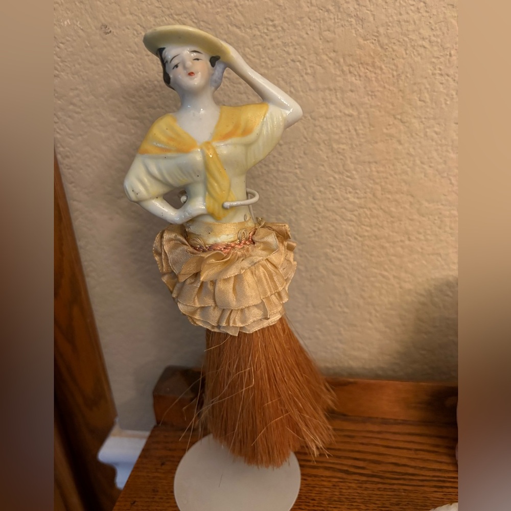 Vintage Porcelain Half-Doll Brush with Yellow Accents 8 inch tall